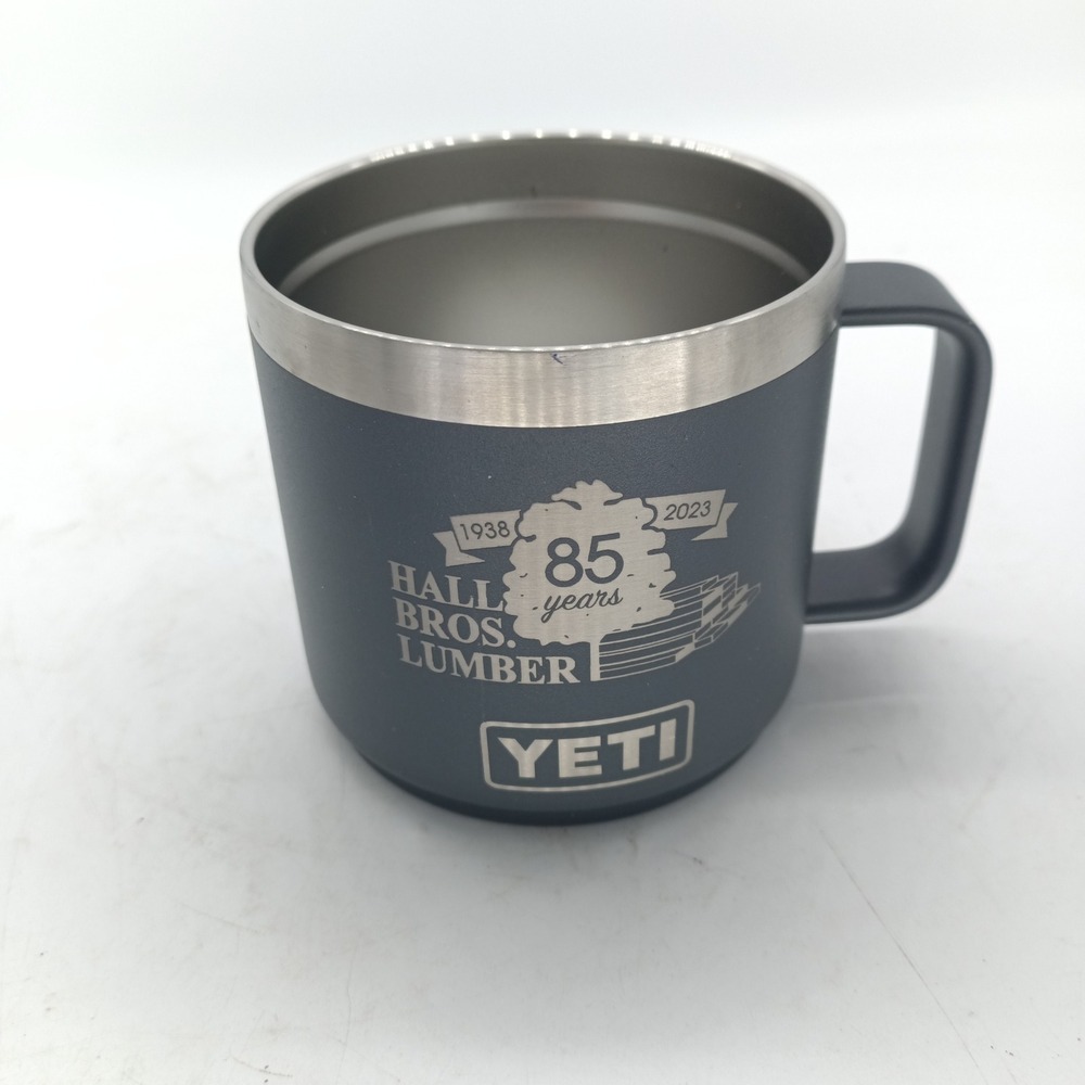 YETI Rambler 14 oz Mug Hall Bros Lumber 85th Anniversary Navy Blue Stainless a10